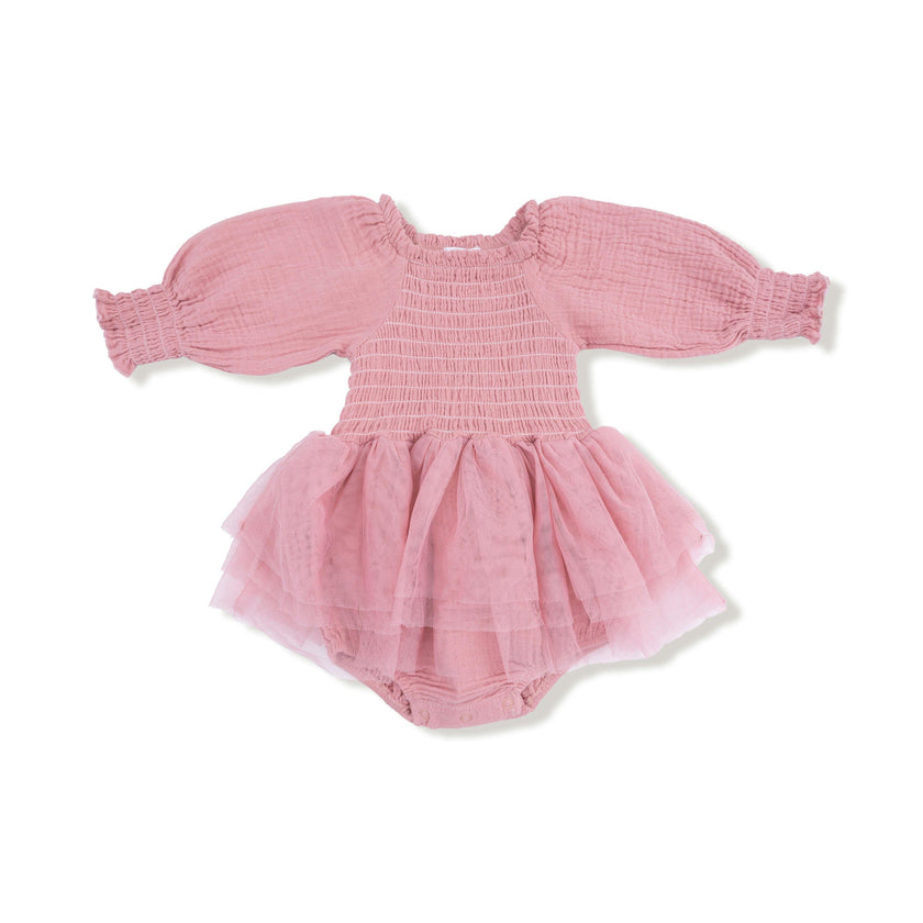 Solid Rose Elegance - Long Sleeve Smocked Bubble with Tutu