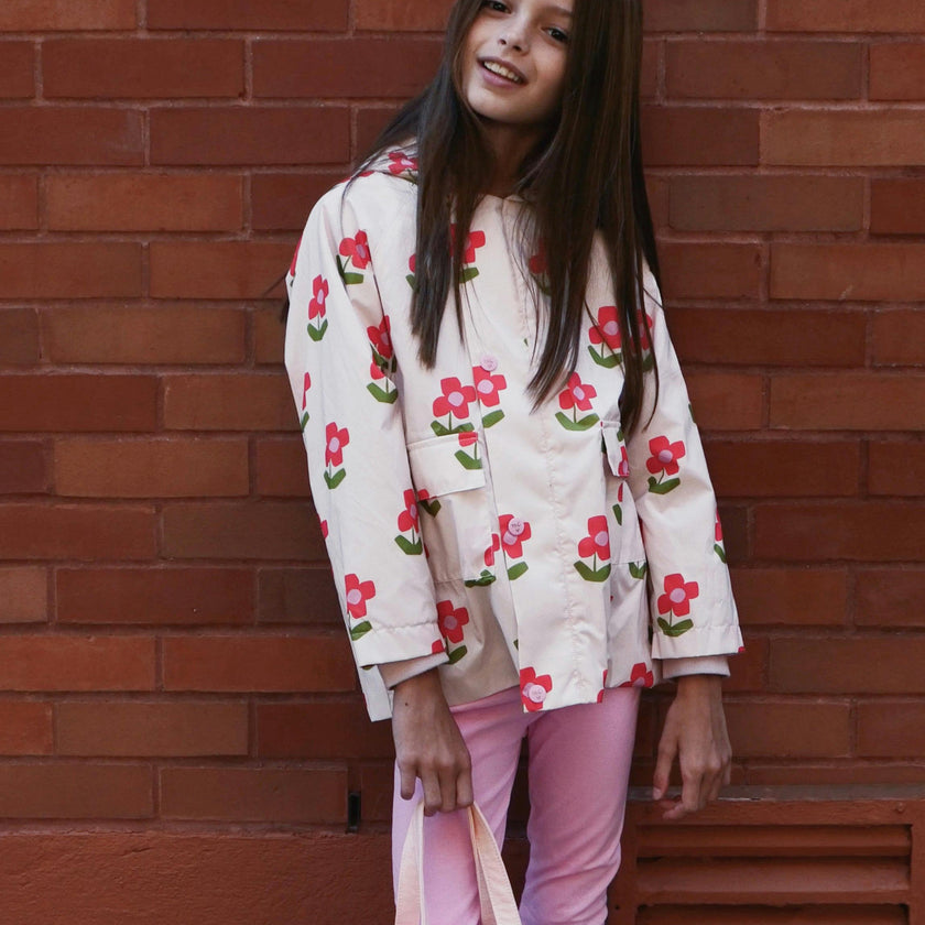 Flower Print Ribbed Cuff Hooded Zipper Raincoat, Pink