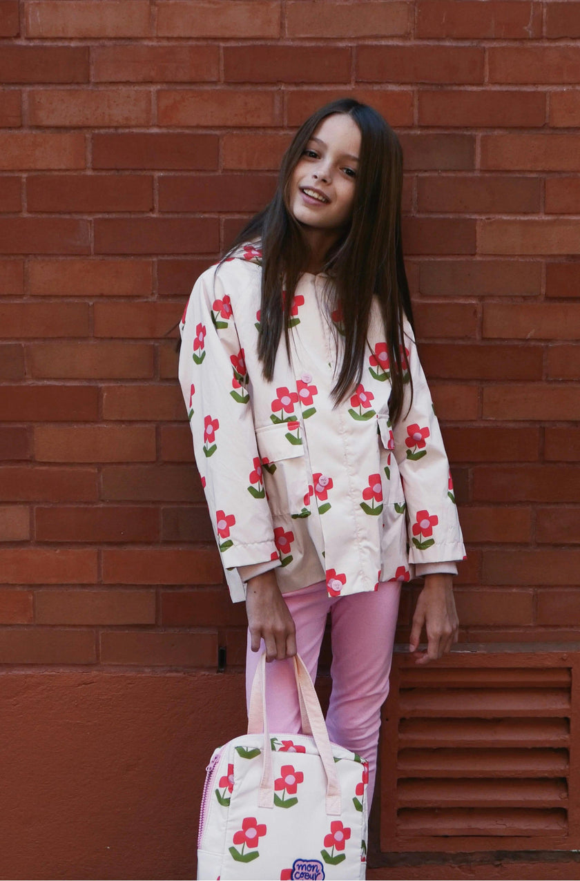 Flower Print Ribbed Cuff Hooded Zipper Raincoat, Pink