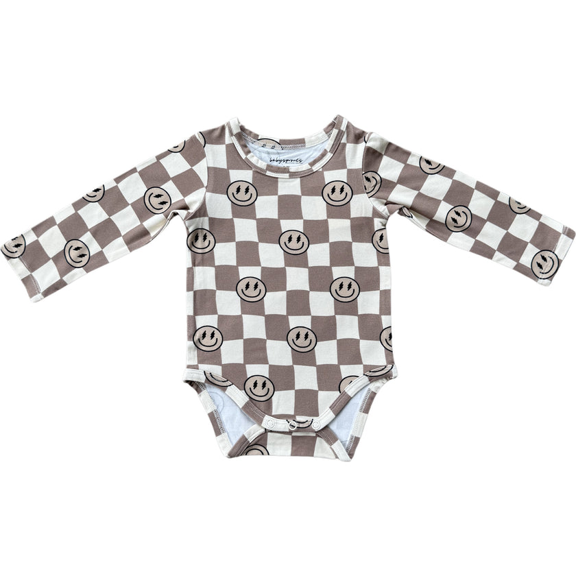 Baby Long Sleeve Bodysuit Smiley Check in Portabella