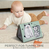 Soft Tummy Time Book w/Large Stimulating Baby Safe Mirror - High Contrast Montessori Toy w/Mirror, Crinkle Filling & Silicone Teether - For Newborn Development