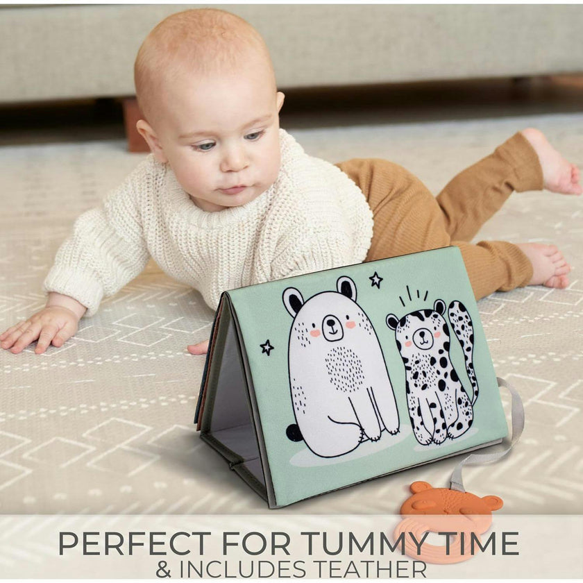 Soft Tummy Time Book w/Large Stimulating Baby Safe Mirror - High Contrast Montessori Toy w/Mirror, Crinkle Filling & Silicone Teether - For Newborn Development