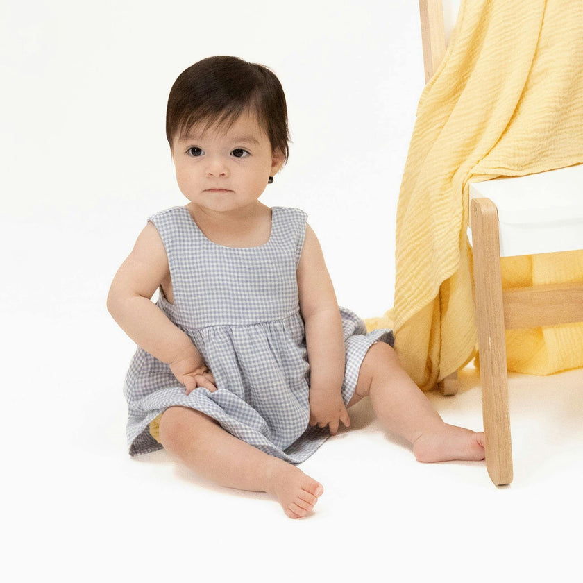 Micro Gingham Blue Blizzard - Infant Dress with Bow and Bloomer