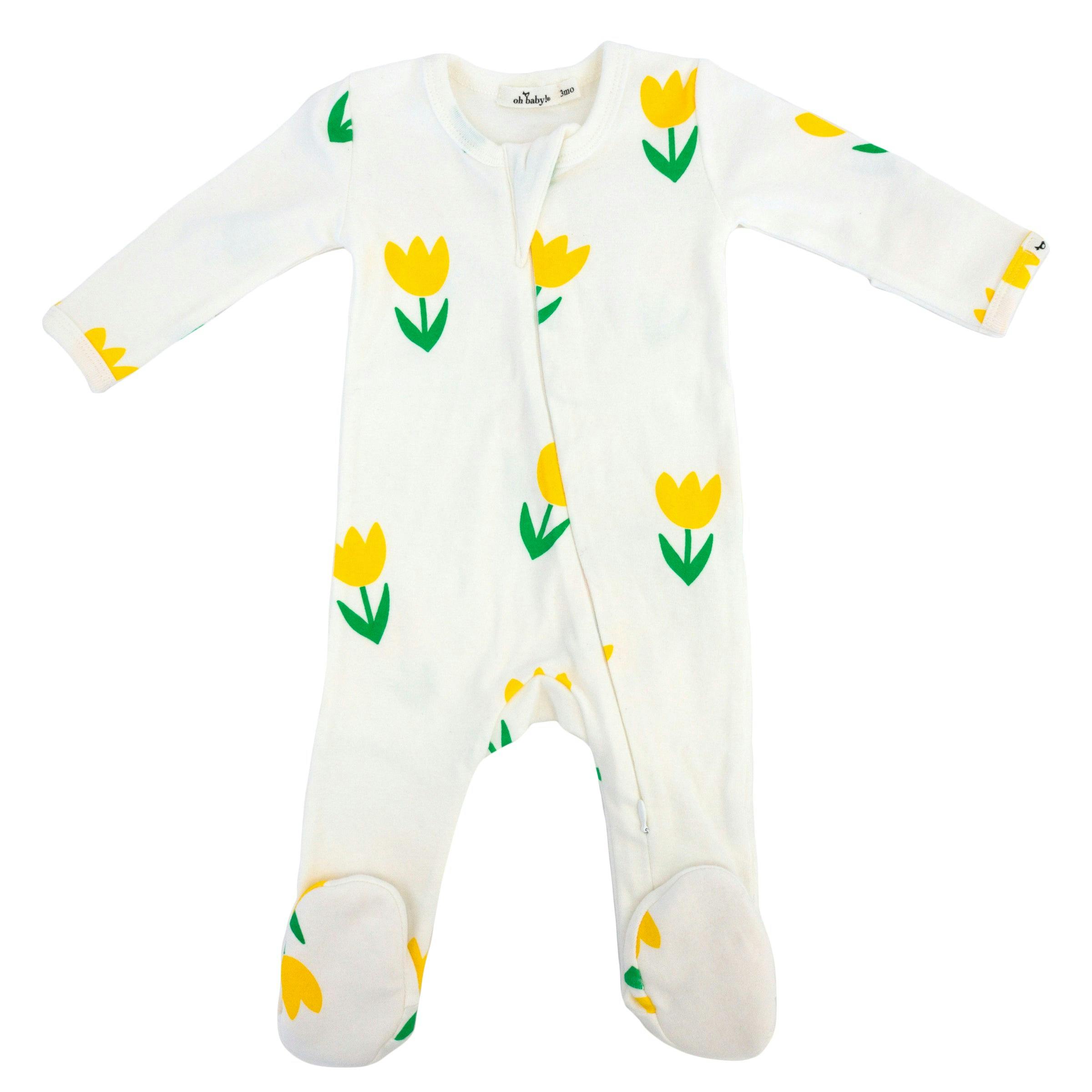 Yellow Tulips Print Zipper Footie