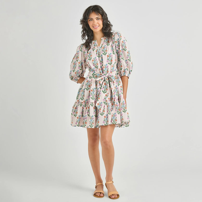 Womens Short Indira Dress - Pink Dewdrop Block Print