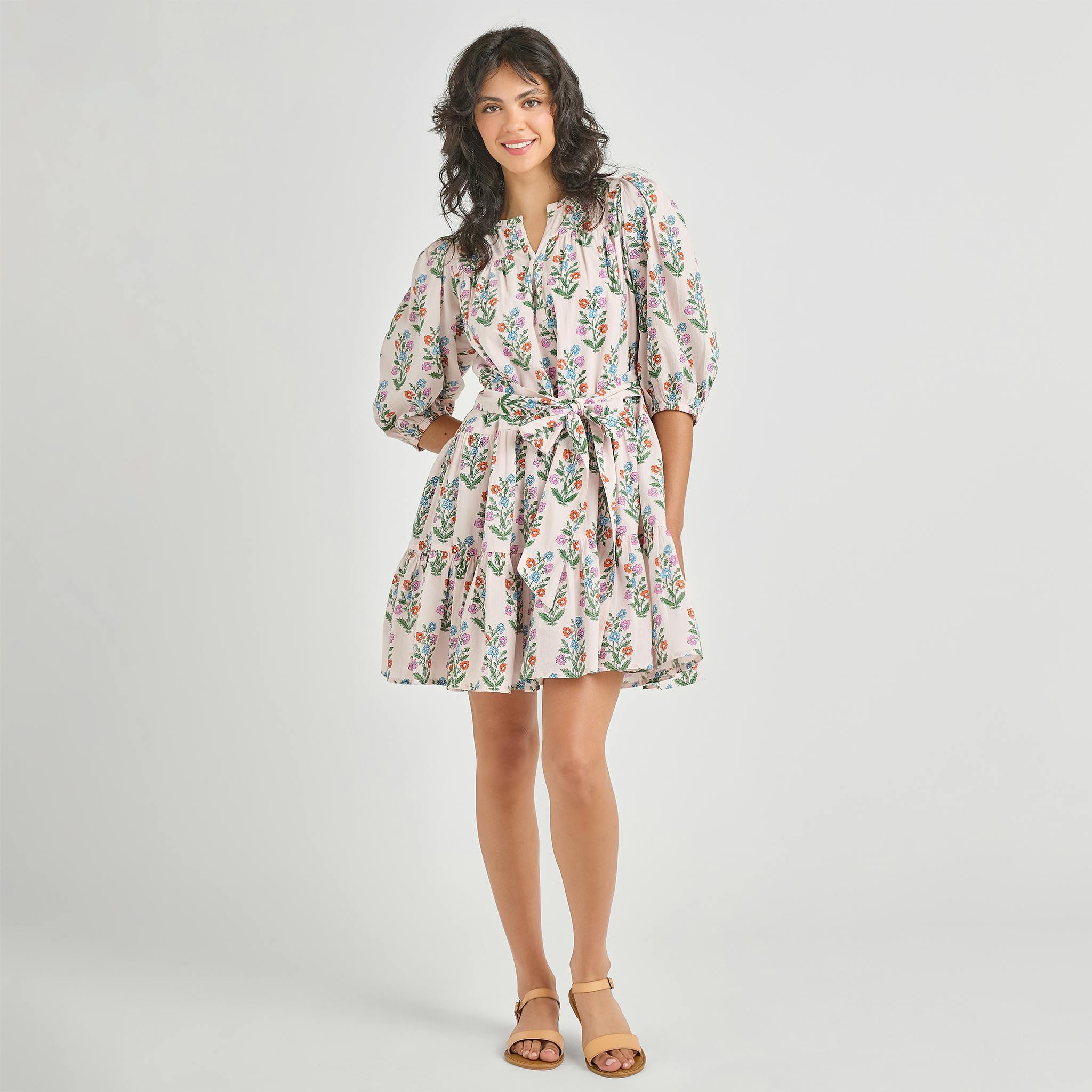 Womens Short Indira Dress - Pink Dewdrop Block Print