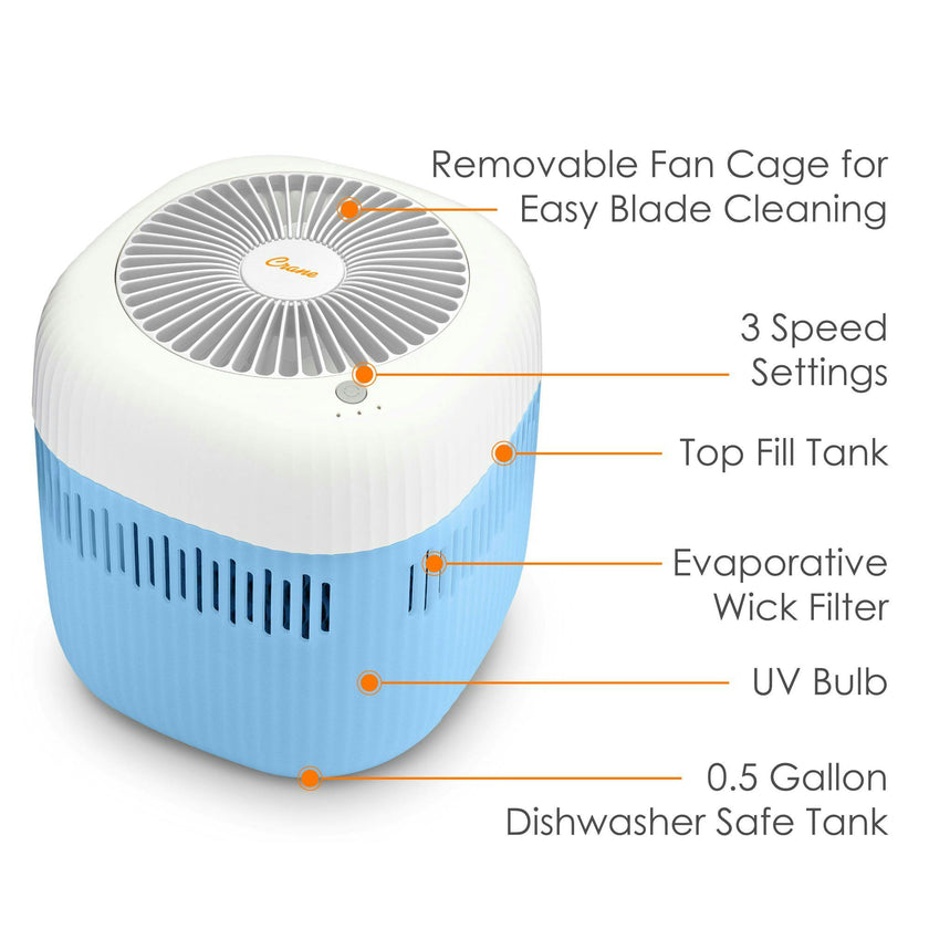 Evaporative  Humidifier, Cool Mist 0.5 Gal Top Fill, UV Light, Wick Filter