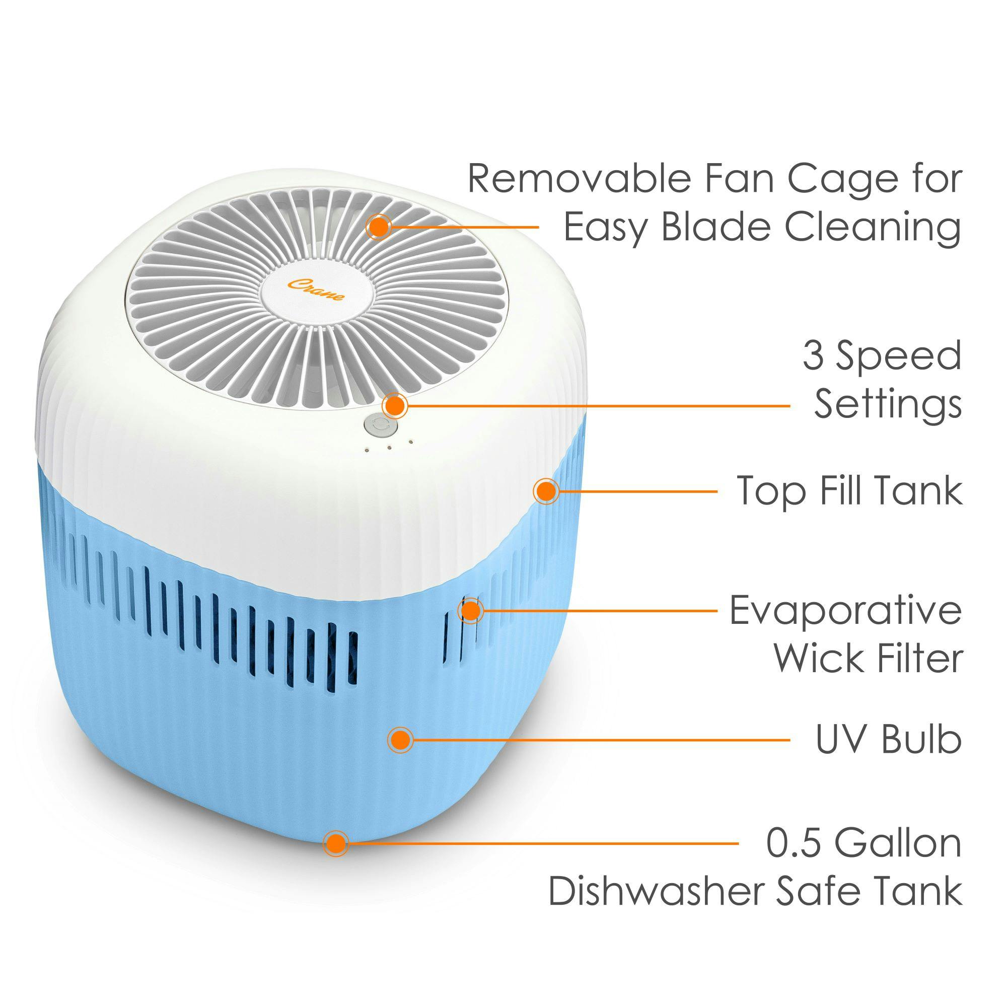 Evaporative  Humidifier, Cool Mist 0.5 Gal Top Fill, UV Light, Wick Filter