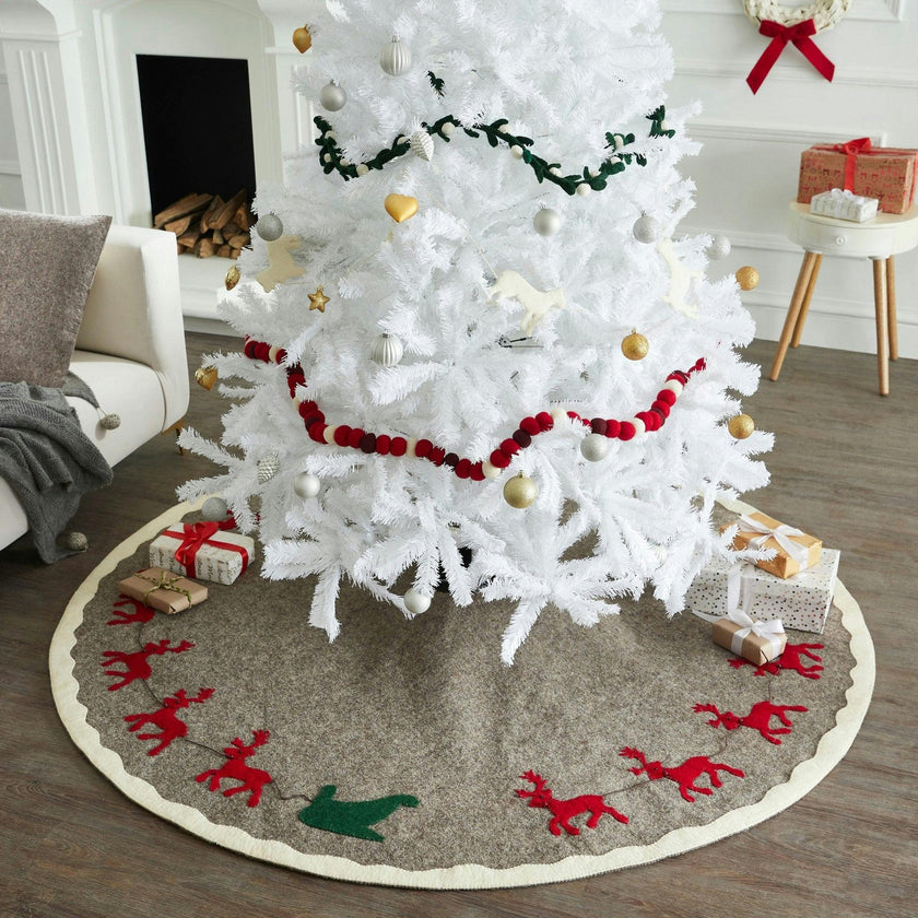 Hand Felted Wool Reindeer and Sleigh Christmas Tree Skirt