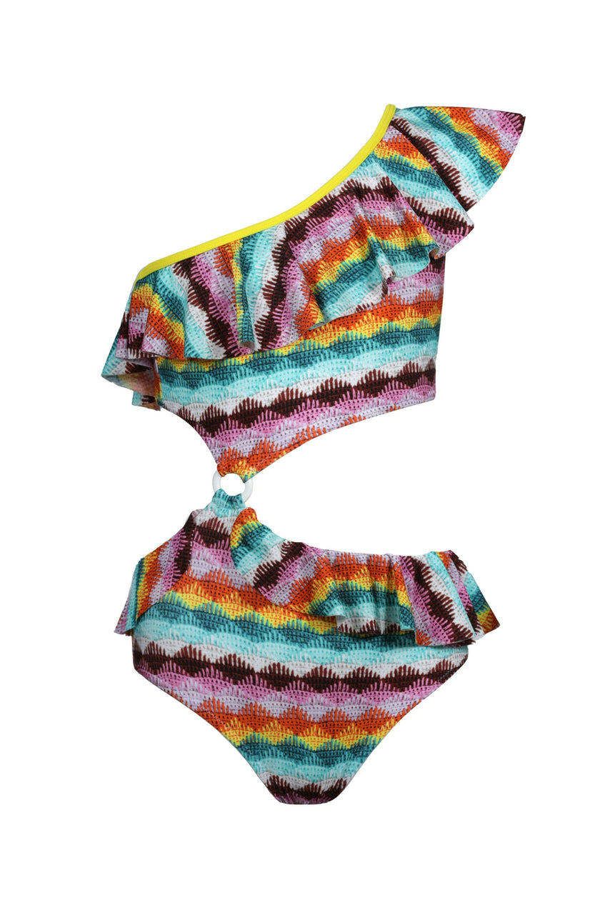 Camelia Knit Ruffle One-Shoulder & Waist Cut-Out Swimsuit