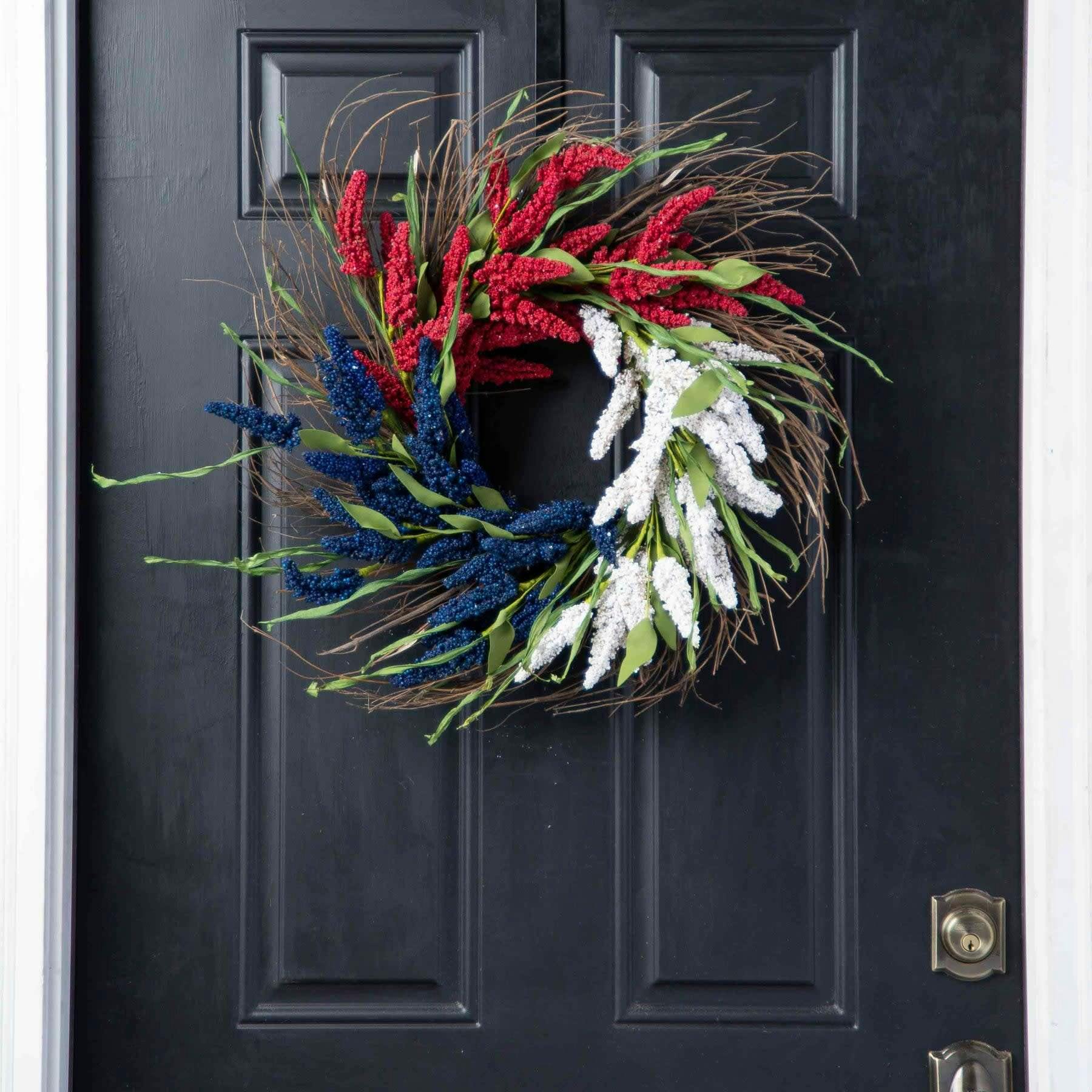Faux Americana Astilbe Summer Front Door Wreath in Red, White & Blue on Wispy Natural Wreath Base
