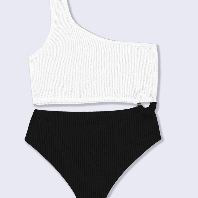 Dina Crinkle Side Cutout One Piece Swimsuit - Black and White
