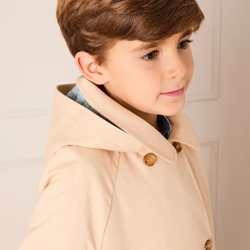 Double Breasted George Check Lined Rain Coat With Detachable Hood in Beige (2-10yrs)