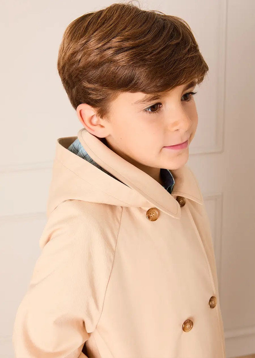 Double Breasted George Check Lined Rain Coat With Detachable Hood in Beige (2-10yrs)
