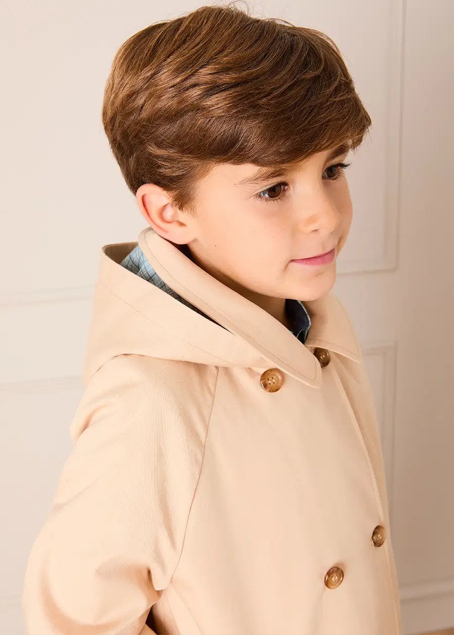Double Breasted George Check Lined Rain Coat With Detachable Hood in Beige (2-10yrs)