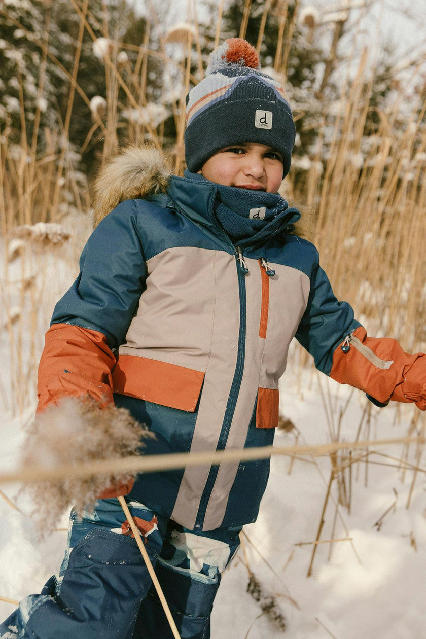 Two Piece Play Snowsuit Navy And Rust Colorblock With Blue Bear Print Pants