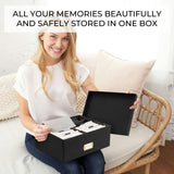 Decorative Photo Storage Box - Sturdy Linen Photo Organizer with Dividers - Stores Up to 850 4x6 Photos - Portable Scrapbook Storage Container with Lid