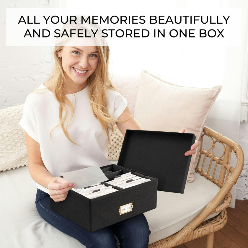 Decorative Photo Storage Box - Sturdy Linen Photo Organizer with Dividers - Stores Up to 850 4x6 Photos - Portable Scrapbook Storage Container with Lid