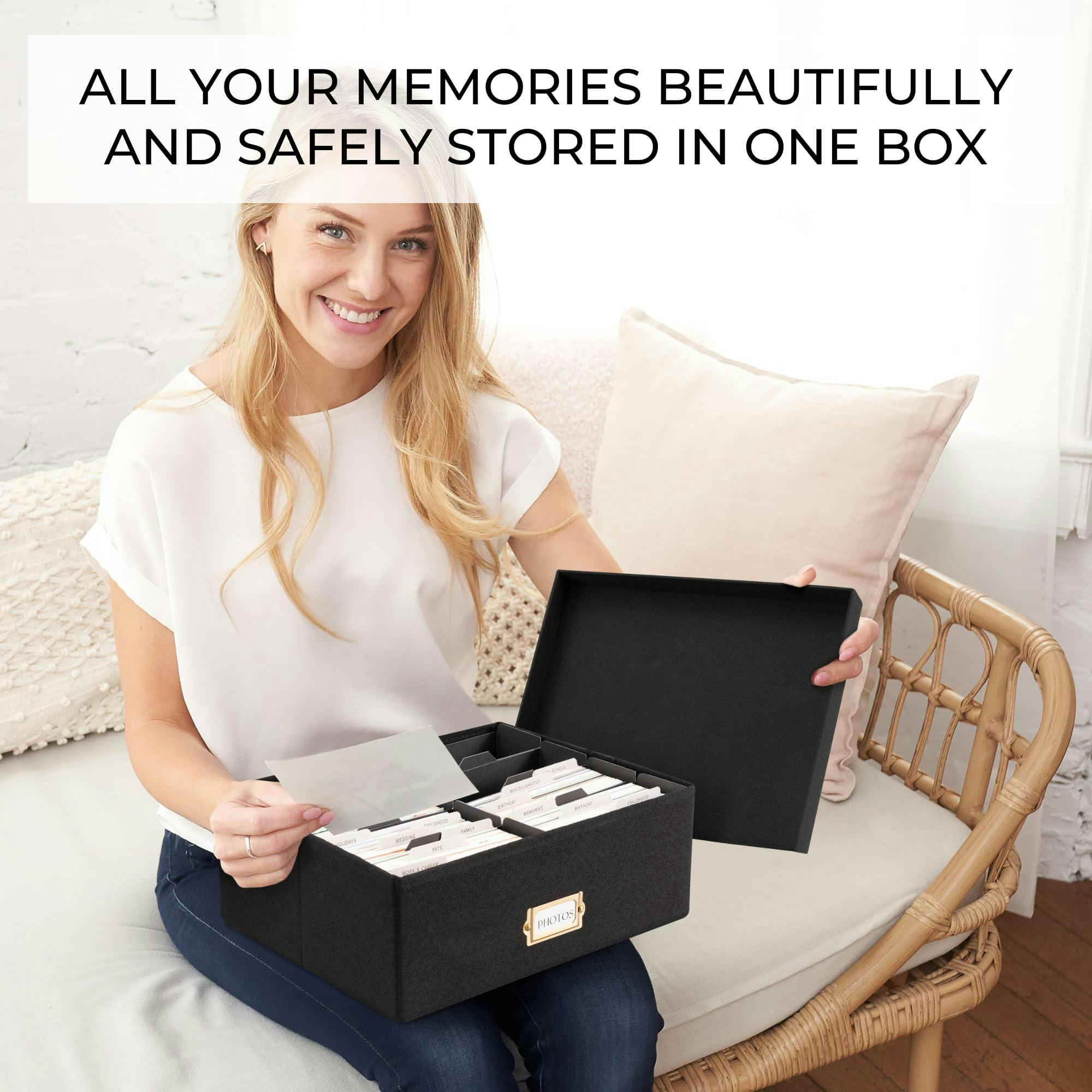Decorative Photo Storage Box - Sturdy Linen Photo Organizer with Dividers - Stores Up to 850 4x6 Photos - Portable Scrapbook Storage Container with Lid