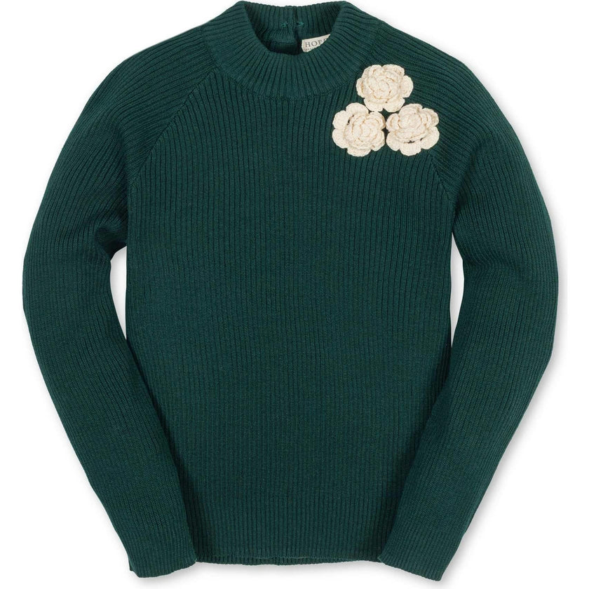 Organic Long Sleeve Mock Neck Sweater with Rosettes, Green