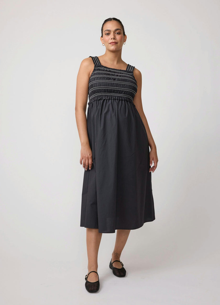 Square Neck Smocked Cotton Maternity Maxi Dress