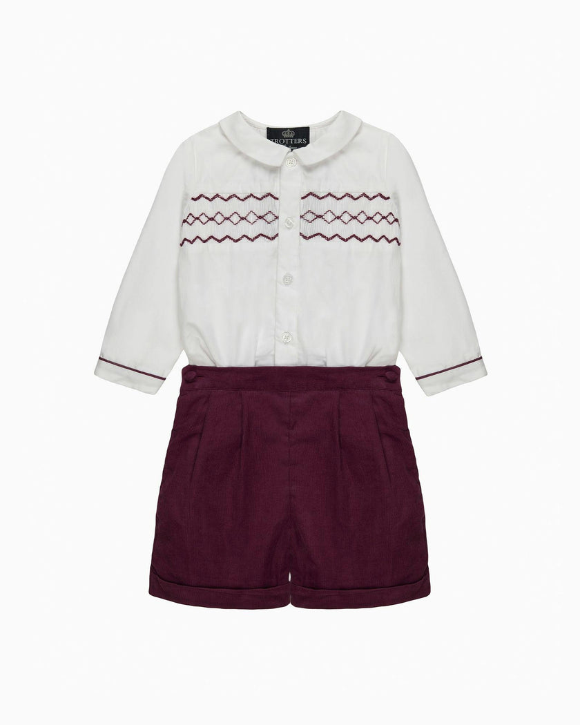 The Rupert Smocked Set in White/Burgundy