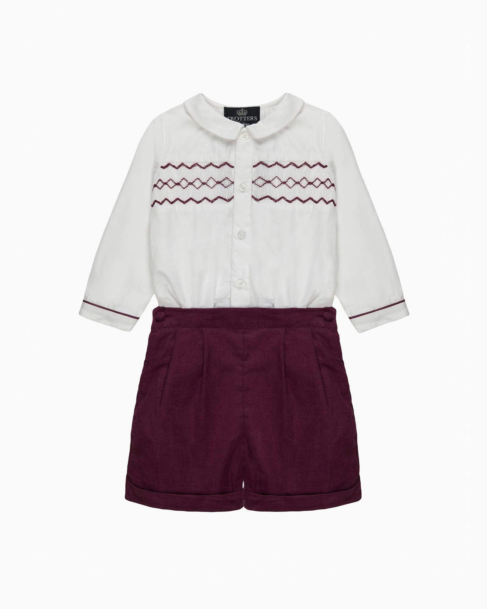 The Rupert Smocked Set in White/Burgundy