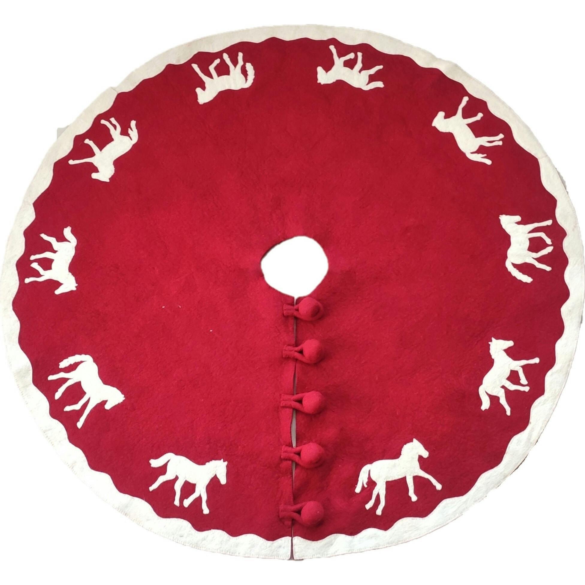 Handmade Galloping Horses Red White Christmas Tree Skirt 60