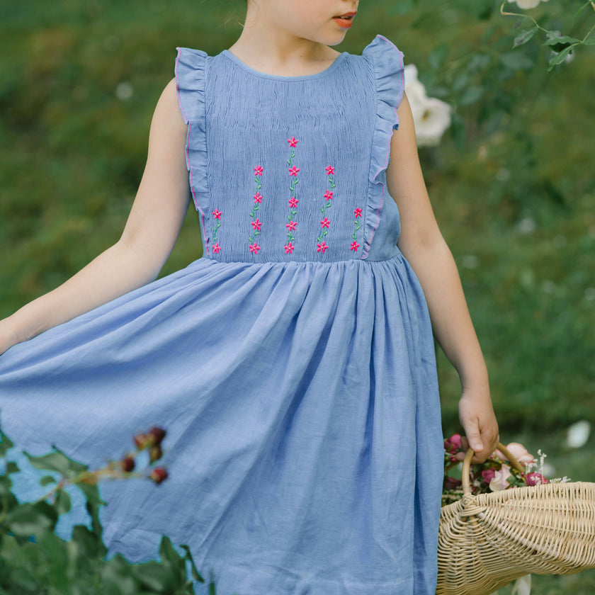 Elivia Blue Linen Smocked Dress