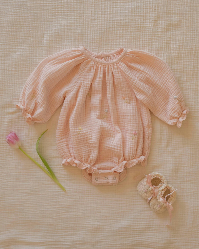 Gauze Romper in Embroidered Flowers