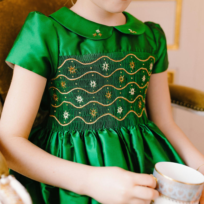 Stella Green Silk Short Sleeve Smocked Dress