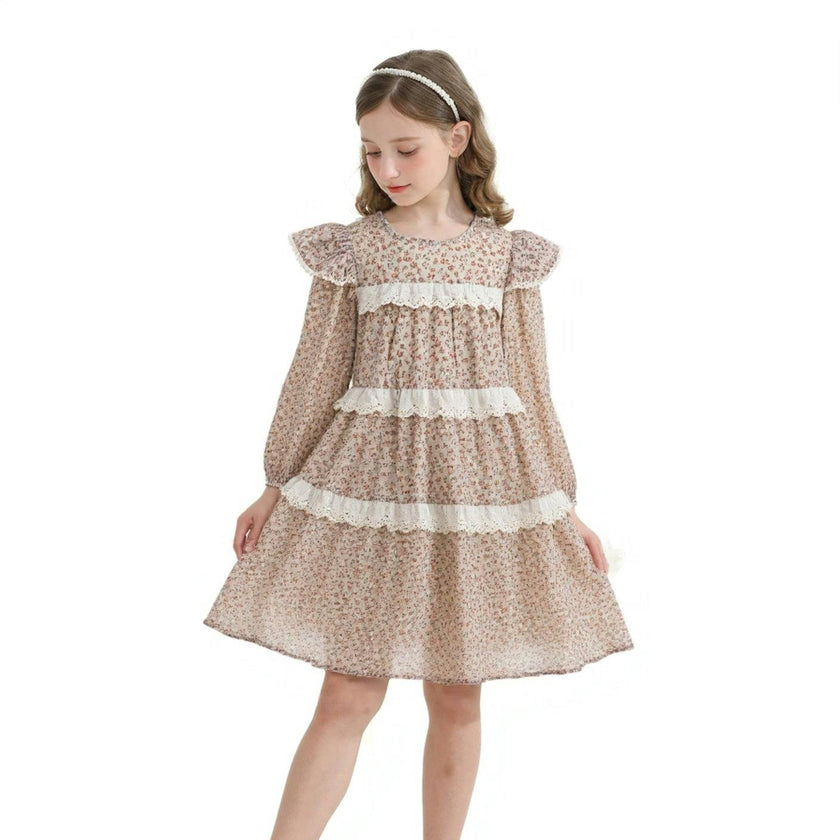 Beige Floral Lace Tiered Dress