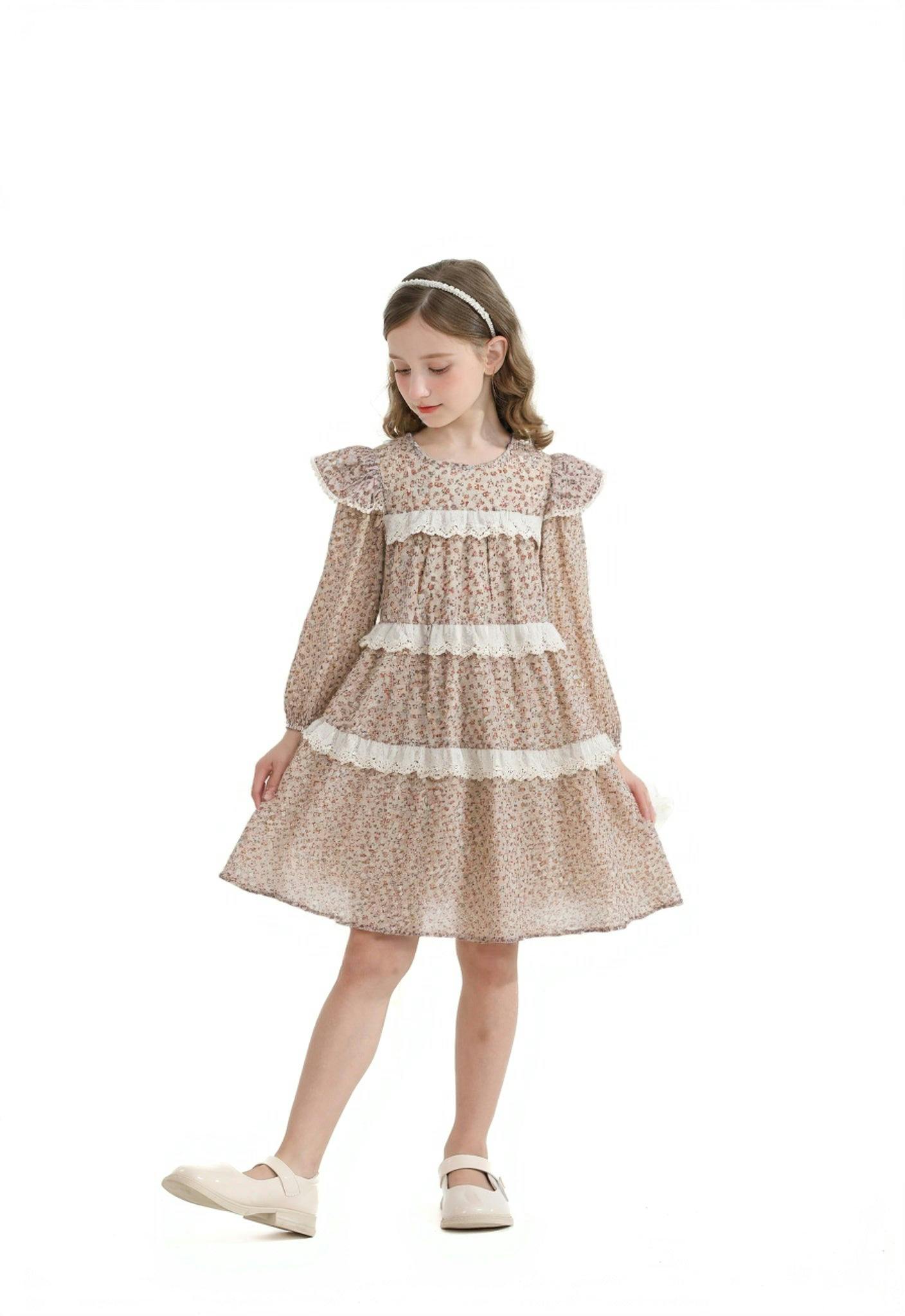 Beige Floral Lace Tiered Dress