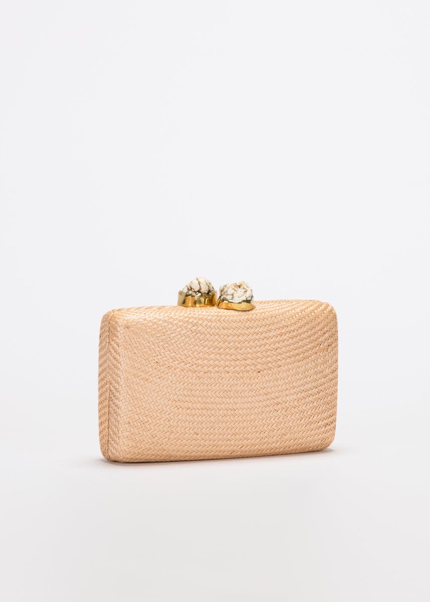 Women's Jen Woven Straw Clutch With White Stones, Toast