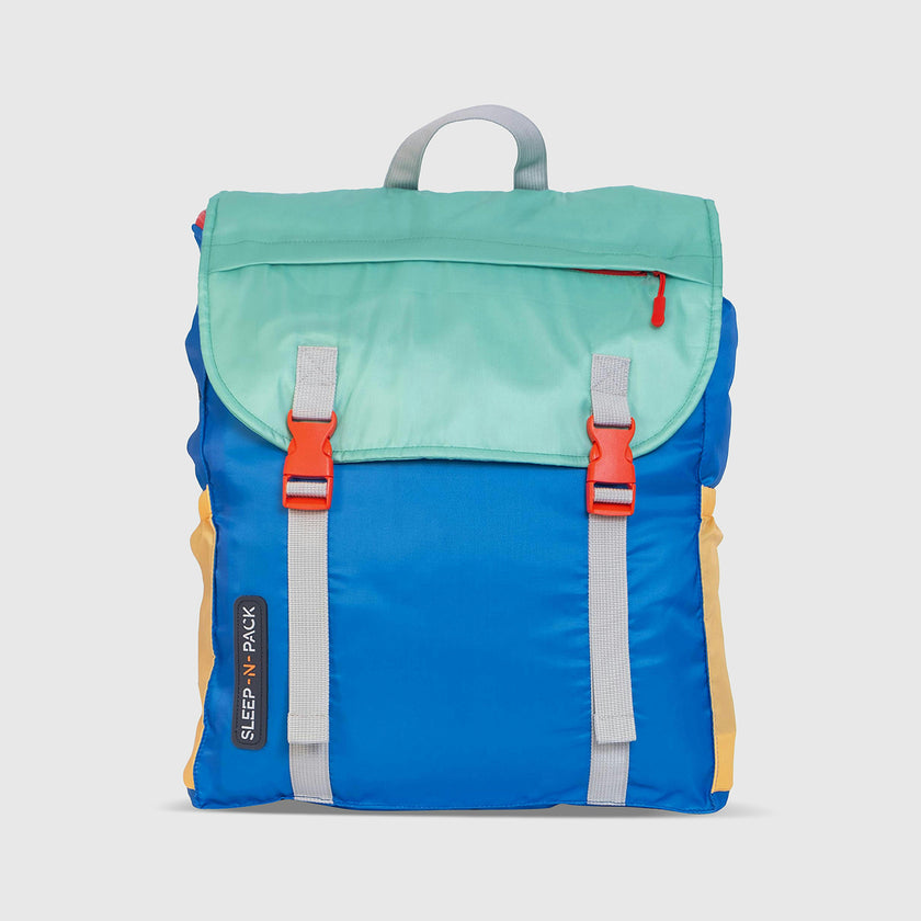 Sleep-N-Pack™ – Big Kid Size | Color Block Camp Collection: Blue Smile Face