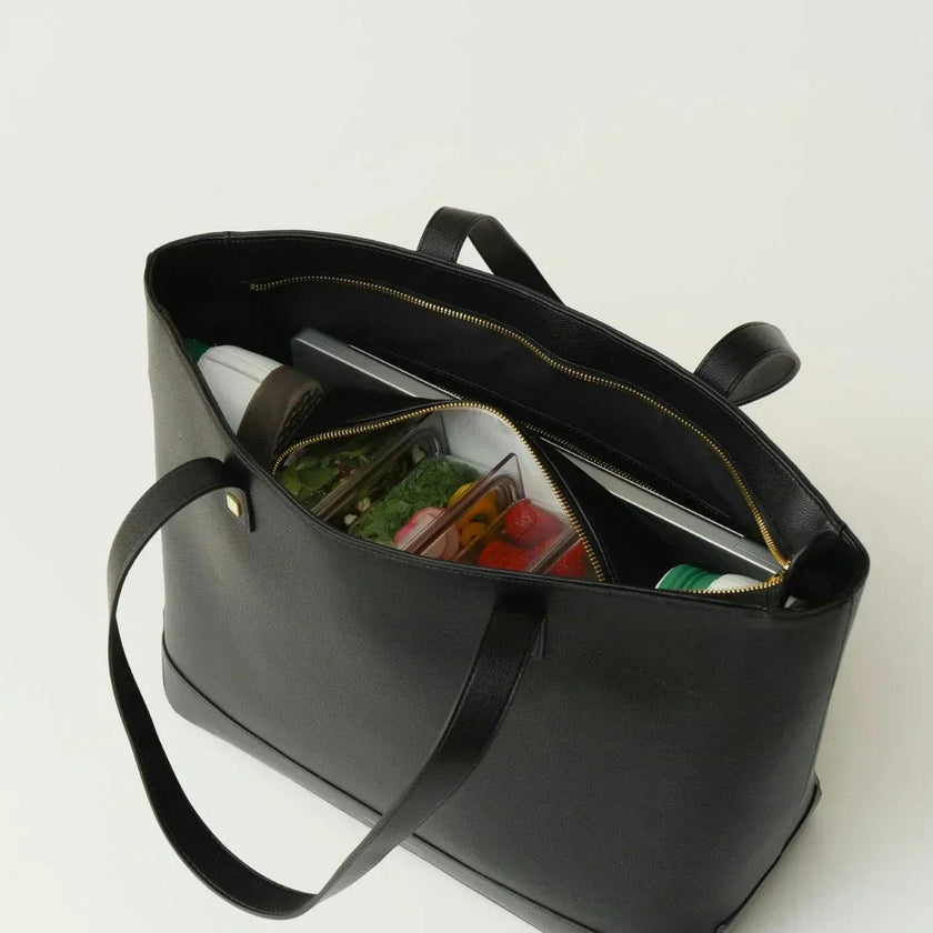 Vegan Leather Work Tote Bag with Removable Insulated Pouch, Black Croc