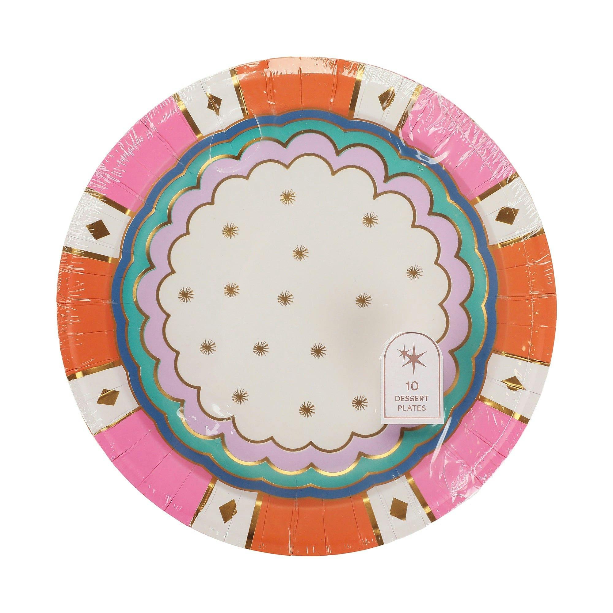 Packed Party Circus Soiree Dessert Plates 10ct - Gold Foil Colorful 3-Ply Party Plates, 8 Inch, 350 GSM for Circus and Carnival Birthdays