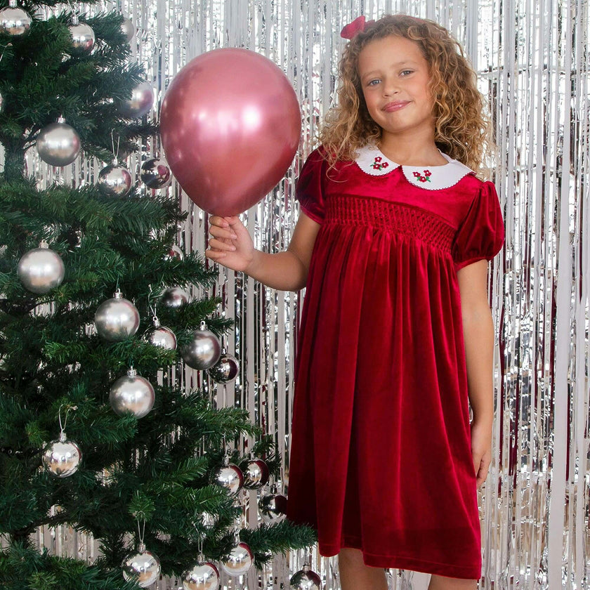 Little Princess Cherry Hand Smocked Velvet Baby Dress