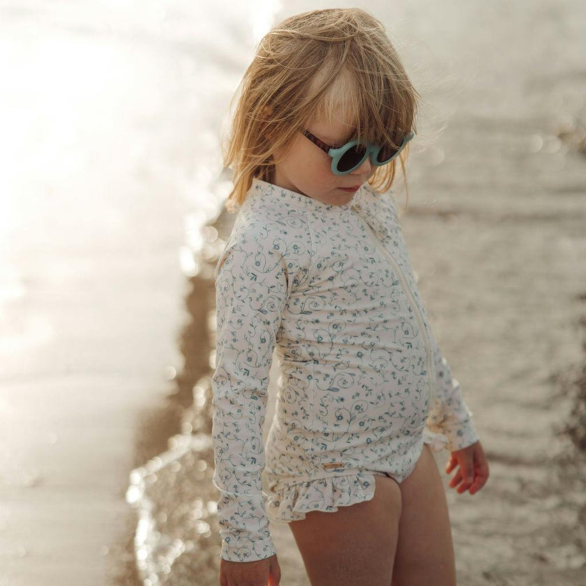 Long Sleeve Rashguard Ruffle Swimsuit | UPF + Recycled - Scandi Floral