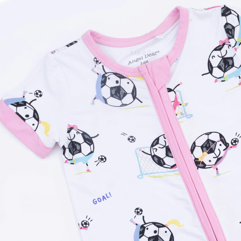 Soccer Balls Playing Soccer Pink - Shortie 2 Way Zipper Romper