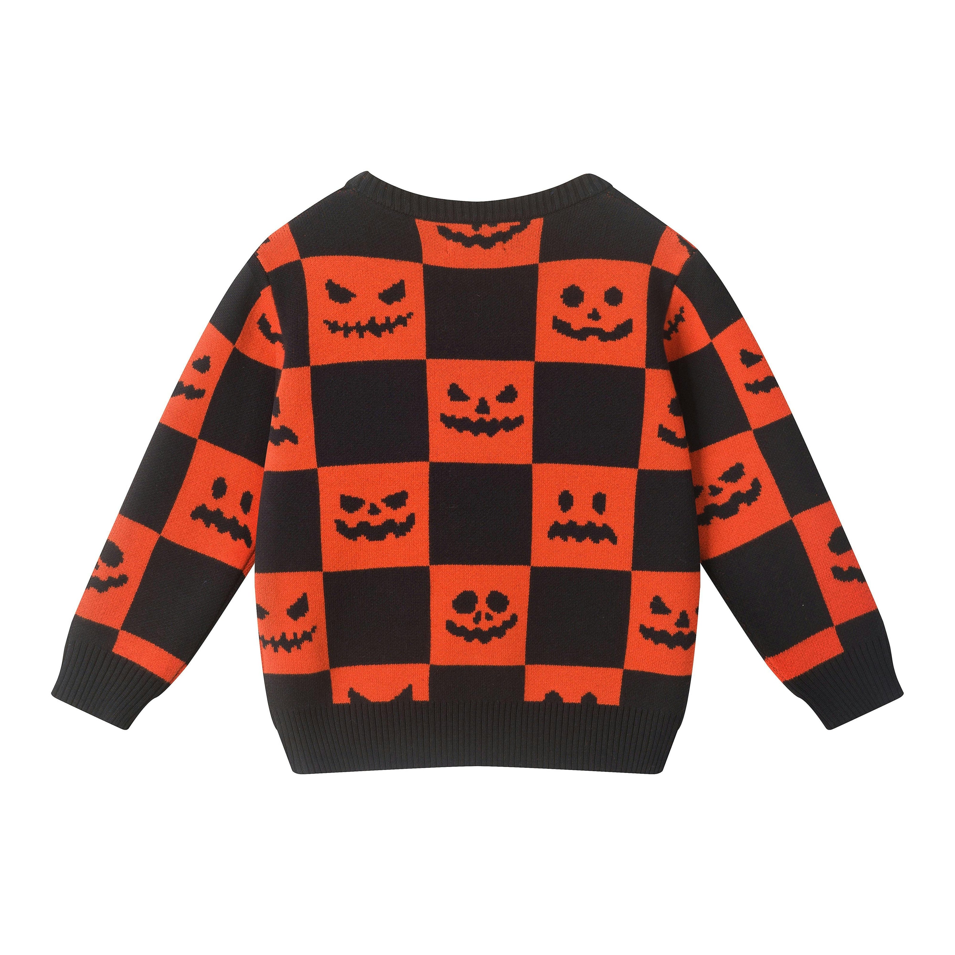 Boys Checkerboard Sweater | Jack-O'-Lanterns - Black & Orange
