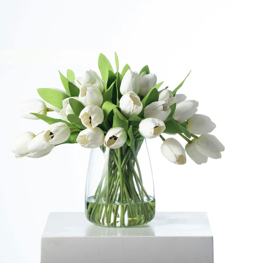 Real Touch White Tulip Faux Floral Everyday Spring Water Illusion Arrangement in Glass Teardrop Vase - Available in Multiple Colors
