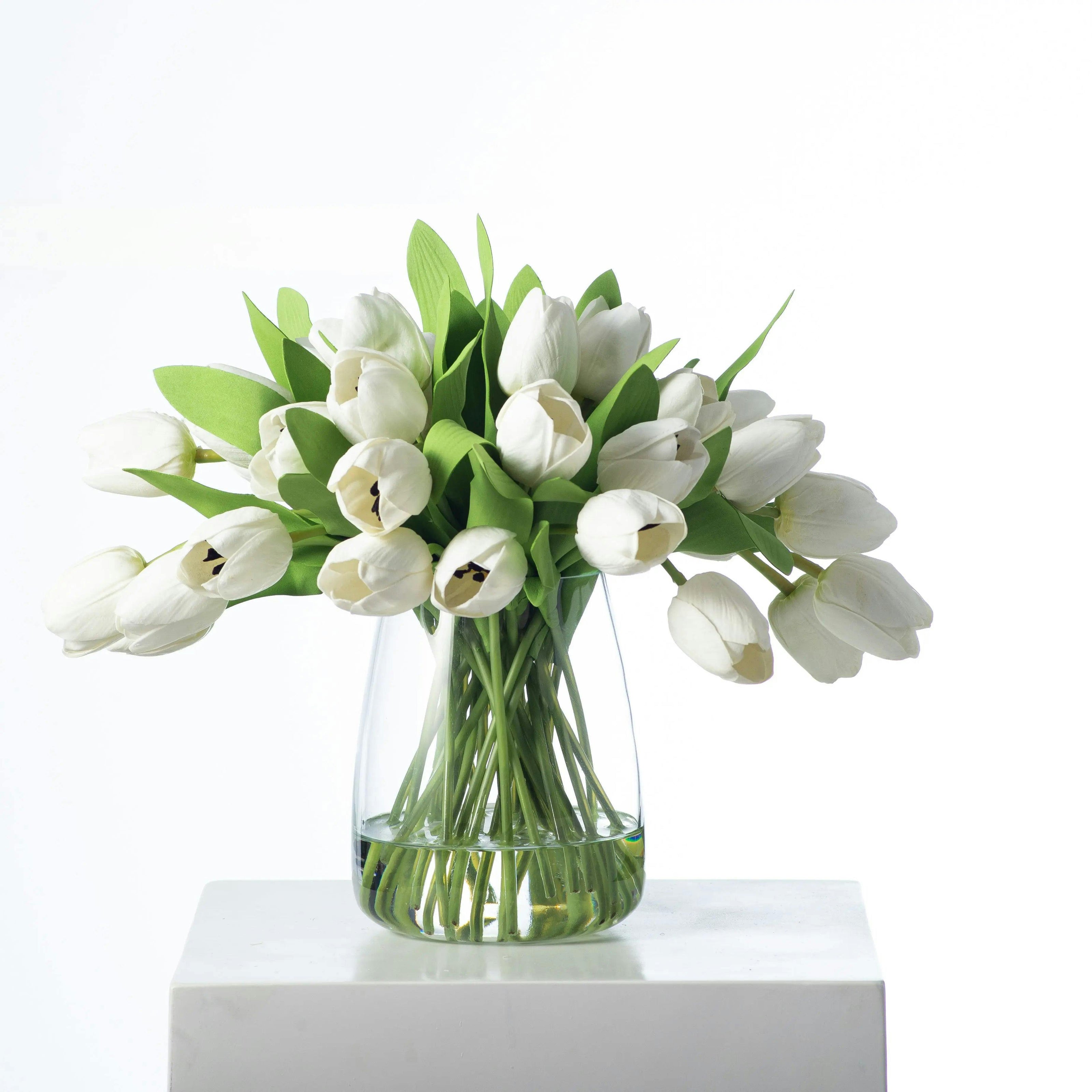 Real Touch White Tulip Faux Floral Everyday Spring Water Illusion Arrangement in Glass Teardrop Vase - Available in Multiple Colors