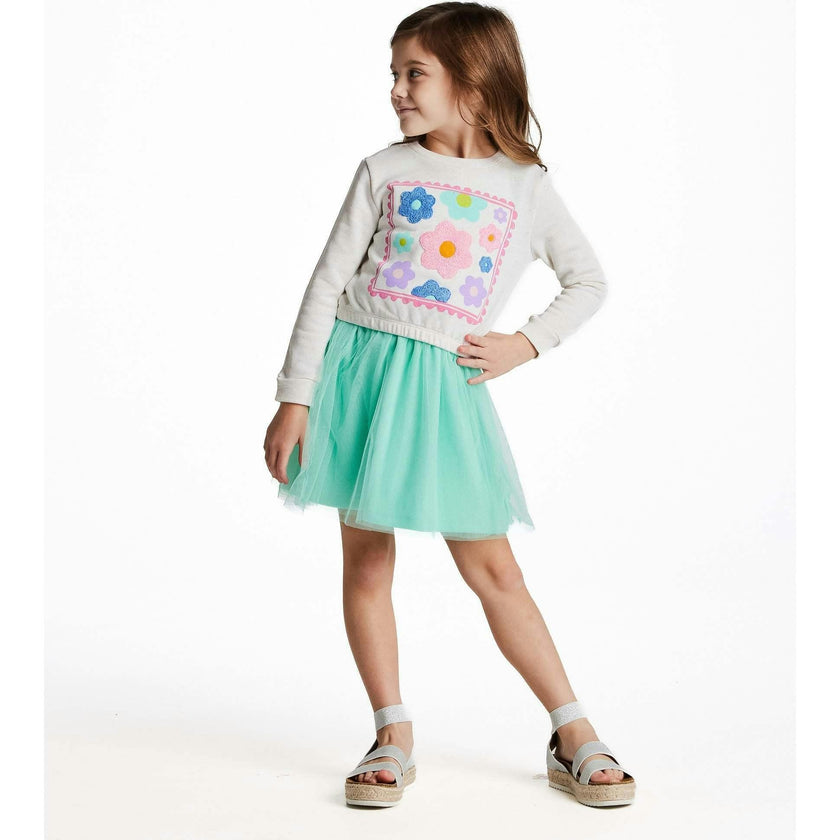 Girls Chenille Floral Sweatshirt & Tulle Tank Dress Set | Aqua