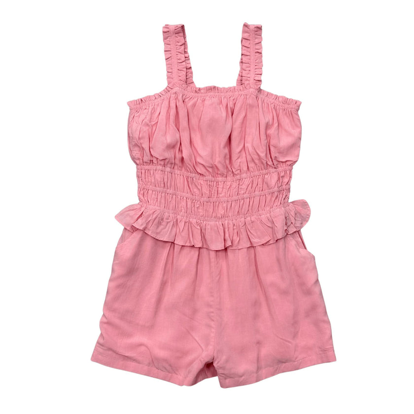 Girls Ruffle Strap Shorts Romper in Carnation Pink
