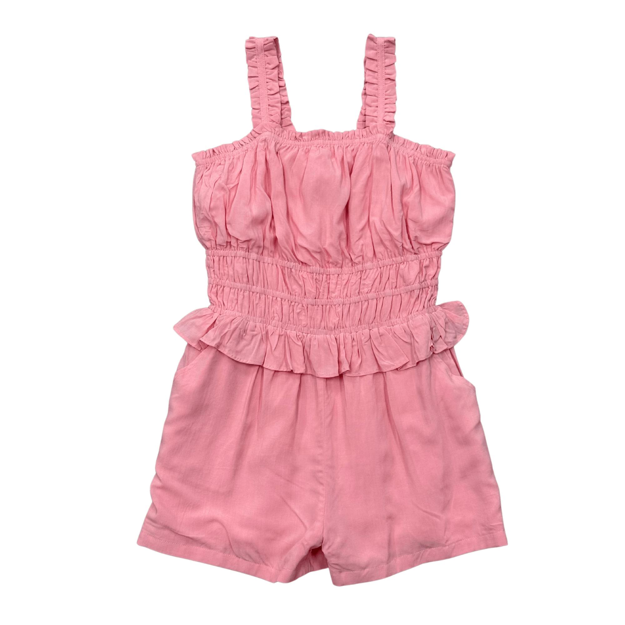 Girls Ruffle Strap Shorts Romper in Carnation Pink