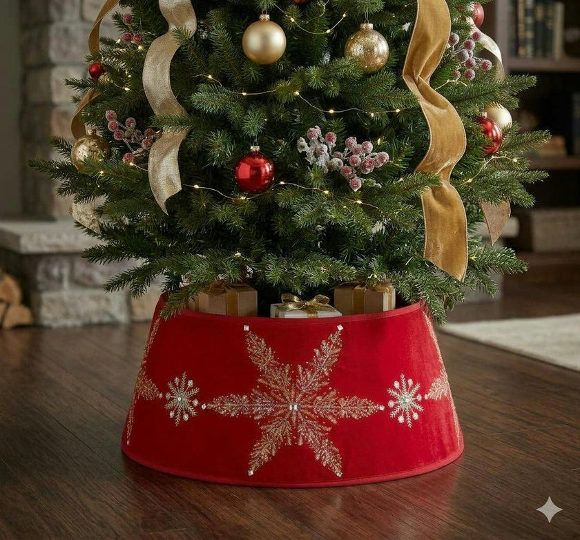 Handmade Adjustable Christmas Tree Collar - Silver Snowflakes Red Velvet