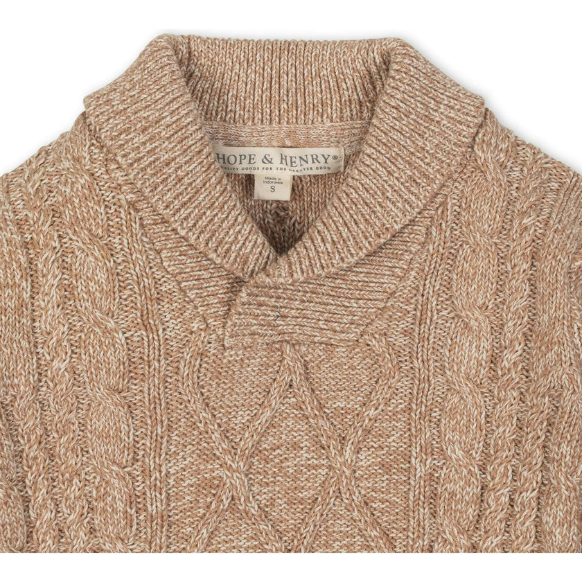 Organic Long Sleeve Shawl Collar Cable Sweater, Beige
