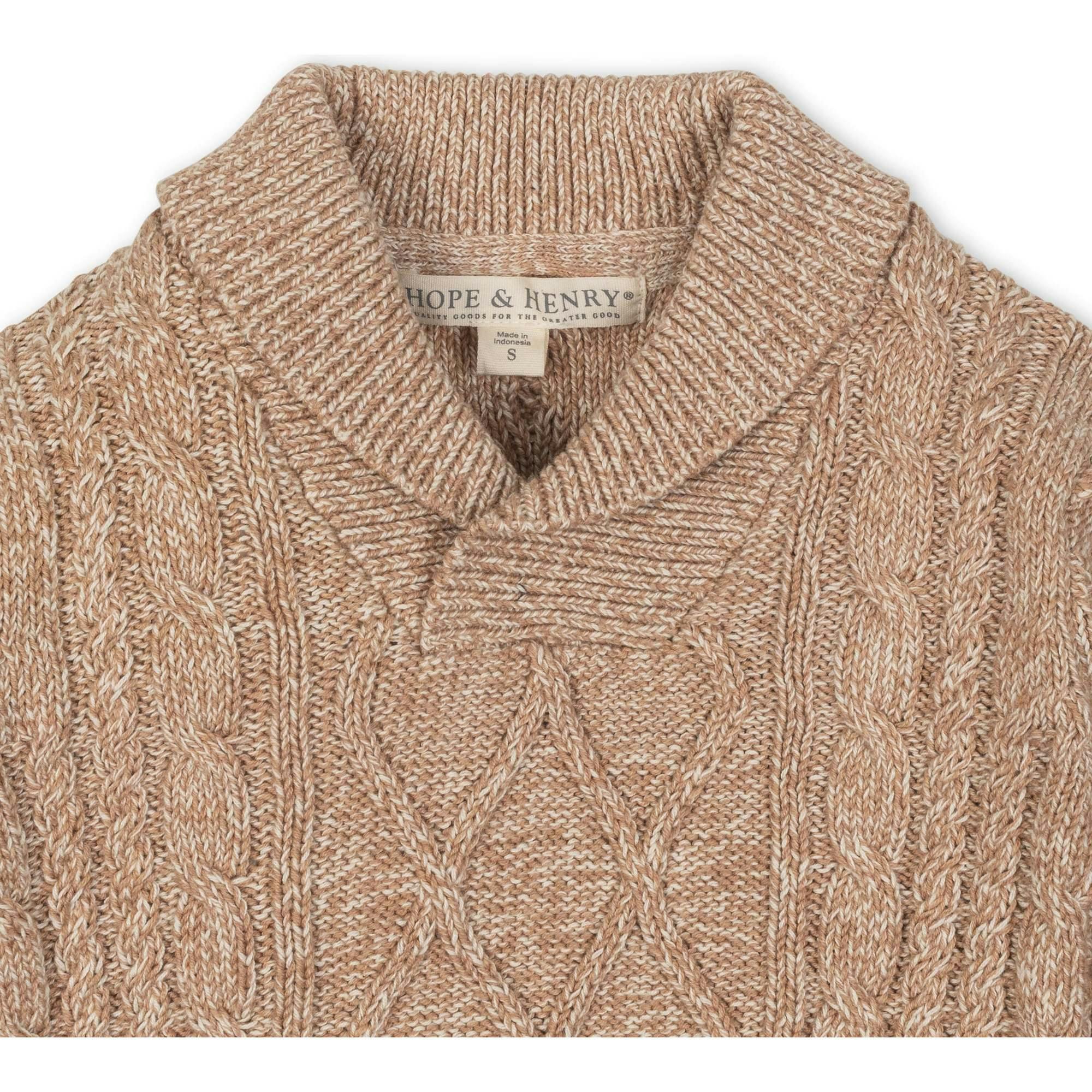 Organic Long Sleeve Shawl Collar Cable Sweater, Beige
