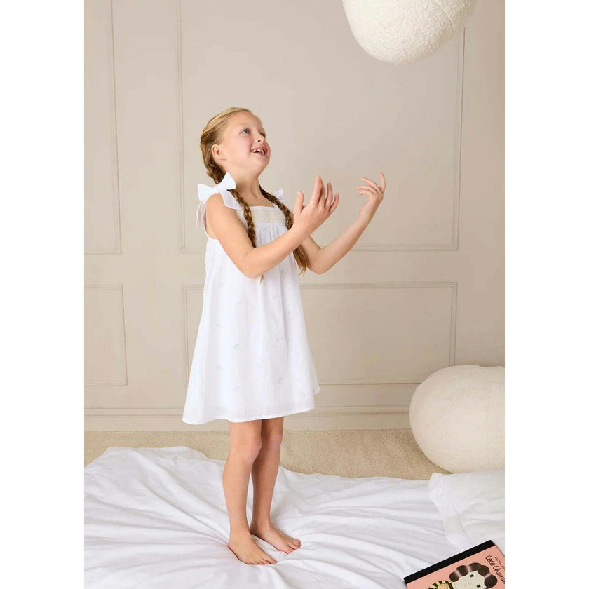 Bluebell Embroidered Bow Shoulder Tie Night Dress in White (18mths- 10yrs)